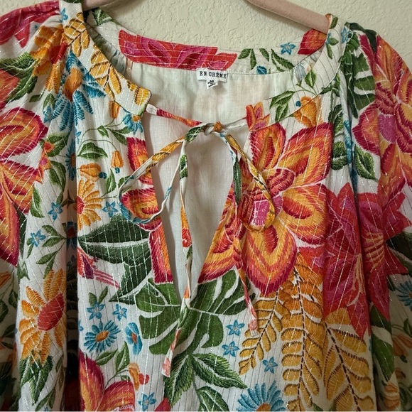 En Crème Floral Printed Puff Sleeve Tiered Mini Dress with Lurex Medium - Picture 8 of 15